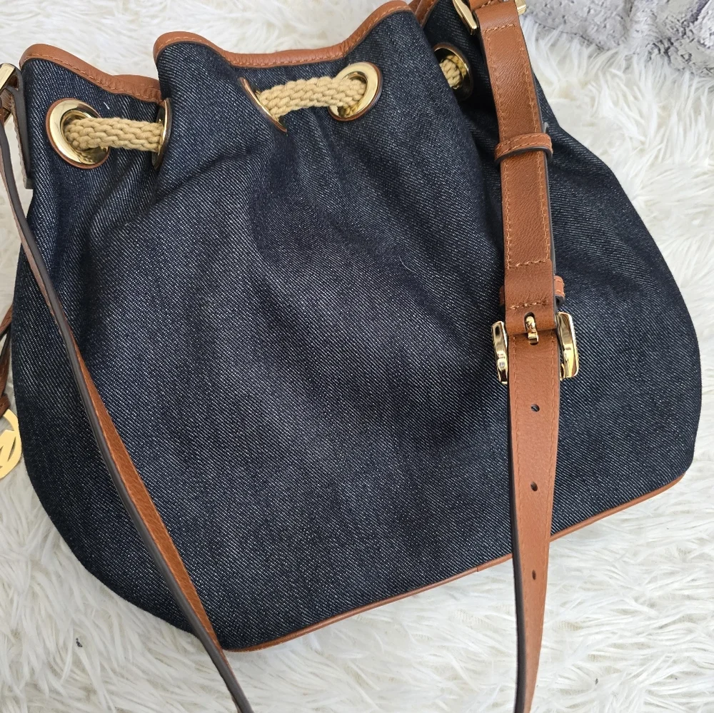 Michael Kors Blue Denim Designer Hobi Handbag With Brown Leather Tassels